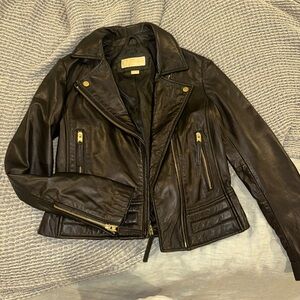 Michael Kors Black genuine Leather Jacket with Gold Details